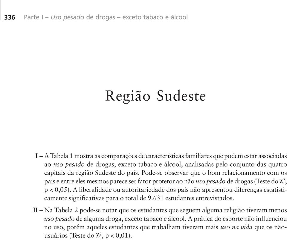 Pode-se observar que o bom relacionamento com os pais e entre eles mesmos parece ser fator protetor ao não uso pesado de drogas (Teste do, p < 0,05).