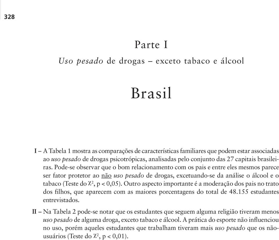 Pode-se observar que o bom relacionamento com os pais e entre eles mesmos parece ser fator protetor ao não uso pesado de drogas, excetuando-se da análise o álcool e o tabaco (Teste do, p < 0,05).