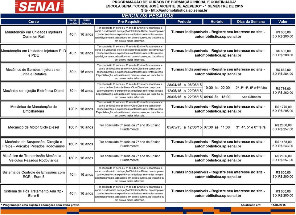 de Mecânico de Motor Ciclo Diesel ou comprovar Especialização, adquiridos em outros cursos, no trabalho ou 28/04/15 a 08/06/15 19:00 às 22:00 2ª, 3ª, 4ª, 5ª e 6ª feira R$ 786,00 12/05/15 a 22/06/15 3