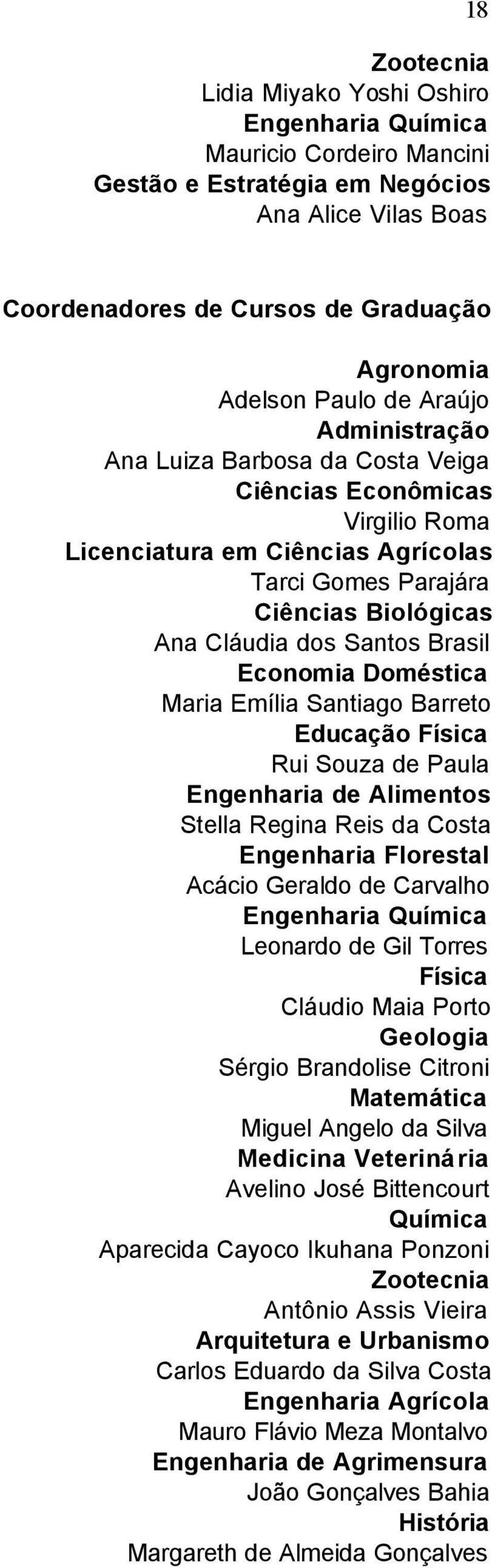 Economia Doméstica Maria Emília Santiago Barreto Educação Física Rui Souza de Paula Engenharia de Alimentos Stella Regina Reis da Costa Engenharia Florestal Acácio Geraldo de Carvalho Engenharia