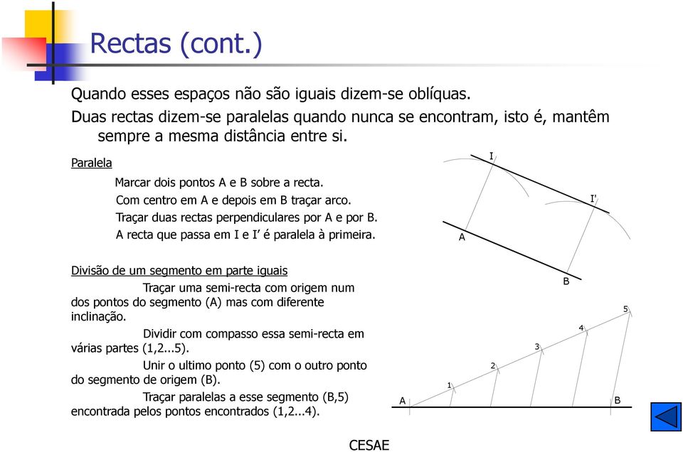 I' Divisão de um segmento em parte iguais Traçar uma semi-recta com origem num dos pontos do segmento () mas com diferente inclinação.