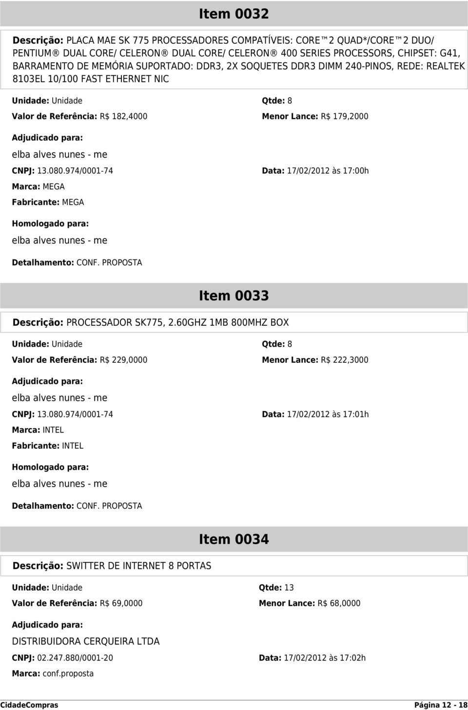 974/0001-74 Data: 17/02/2012 às 17:00h Marca: MEGA Fabricante: MEGA Item 0033 Descrição: PROCESSADOR SK775, 2.