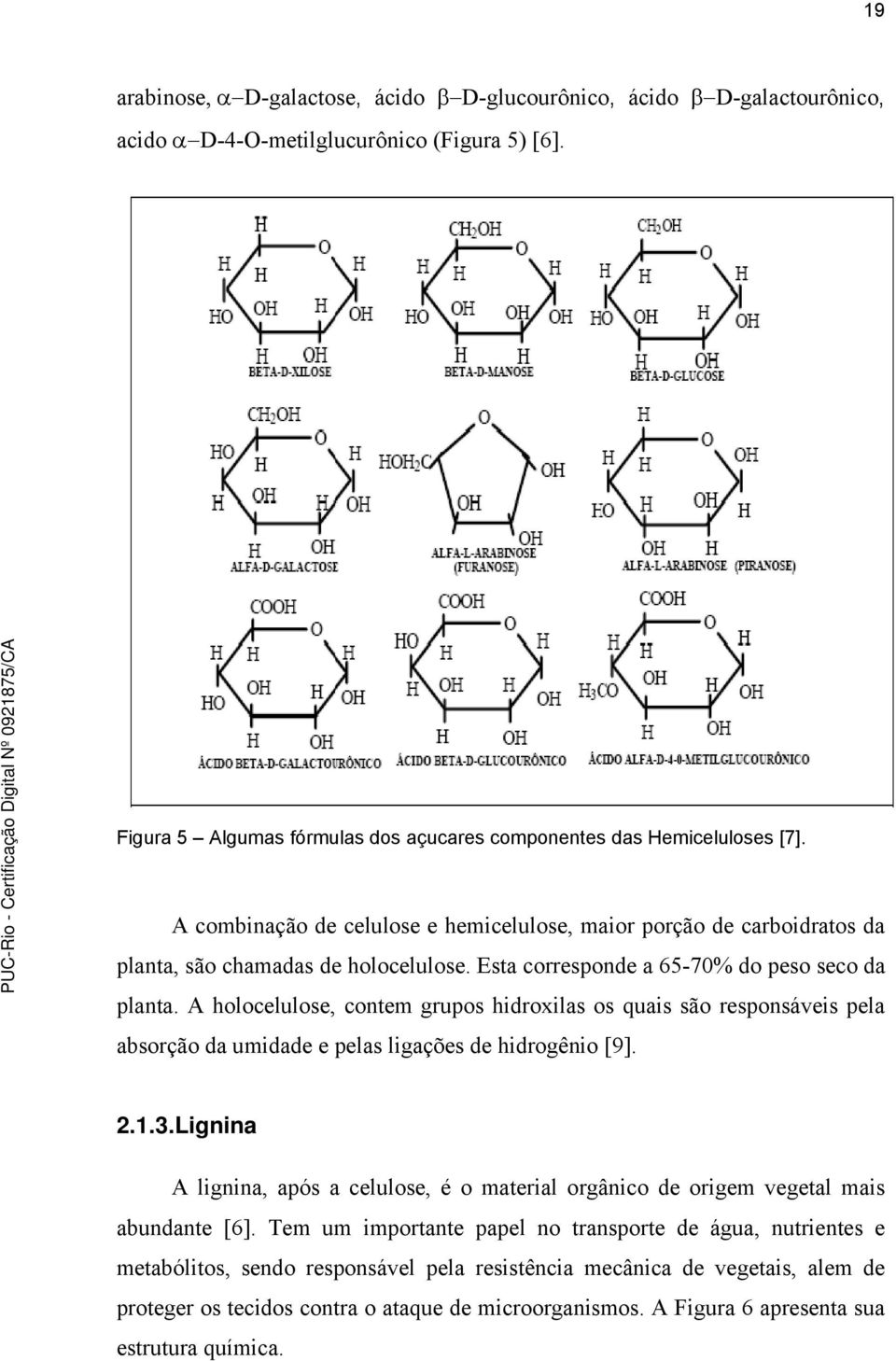 A holocelulose, contem grupos hidroxilas os quais são responsáveis pela absorção da umidade e pelas ligações de hidrogênio [9]. 2.1.3.