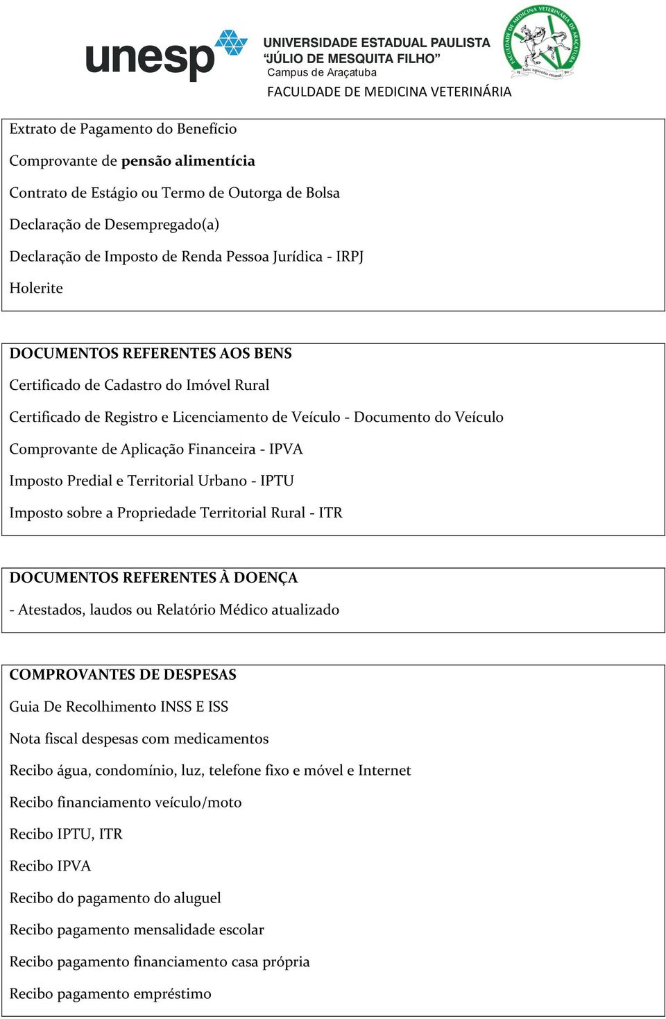 IPVA Imposto Predial e Territorial Urbano - IPTU Imposto sobre a Propriedade Territorial Rural - ITR DOCUMENTOS REFERENTES À DOENÇA - Atestados, laudos ou Relatório Médico atualizado COMPROVANTES DE