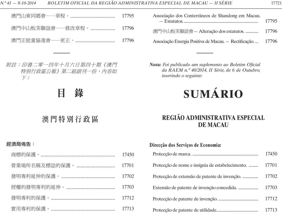 ... 17795 澳 門 中 山 板 芙 聯 誼 會 Alteração dos estatutos.... 17796 Associação Energia Positiva de Macau. Rectificação.... 17796 Nota: Foi publicado um suplemento ao Boletim Oficial da RAEM n.