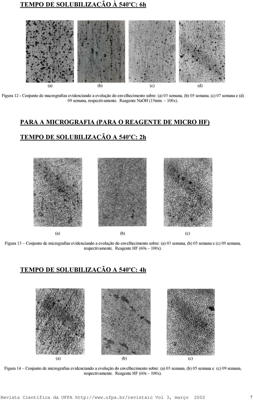 PARA A MICROGRAFIA (PARA O REAGENTE DE MICRO HF) TEMPO DE SOLUBILIZAÇÃO A 540ºC: 2h (a) (b) (c) Figura 13 Conjunto de micrografias evidenciando a evolução do envelhecimento sobre: (a) 03 semana,