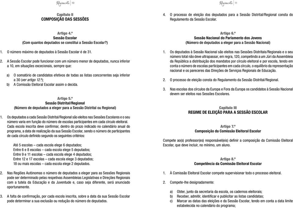 A Sessão Escolar pode funcionar com um número menor de deputados, nunca inferior a 10, em situações excecionais, sempre que: a) O somatório de candidatos efetivos de todas as listas concorrentes seja