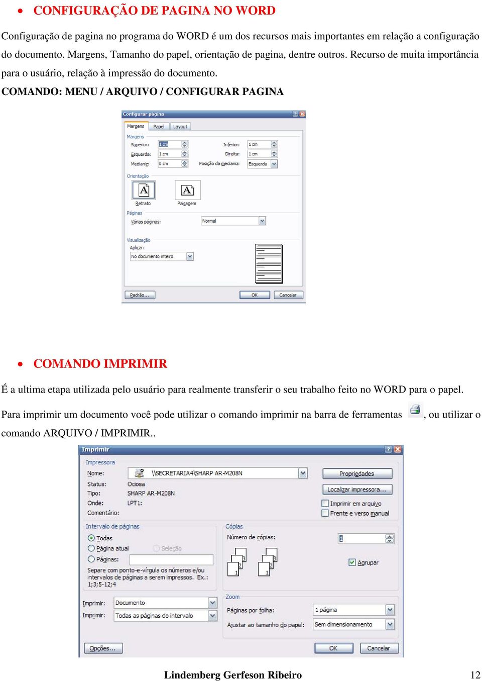 COMANDO: MENU / ARQUIVO / CONFIGURAR PAGINA COMANDO IMPRIMIR É a ultima etapa utilizada pelo usuário para realmente transferir o seu trabalho feito no WORD