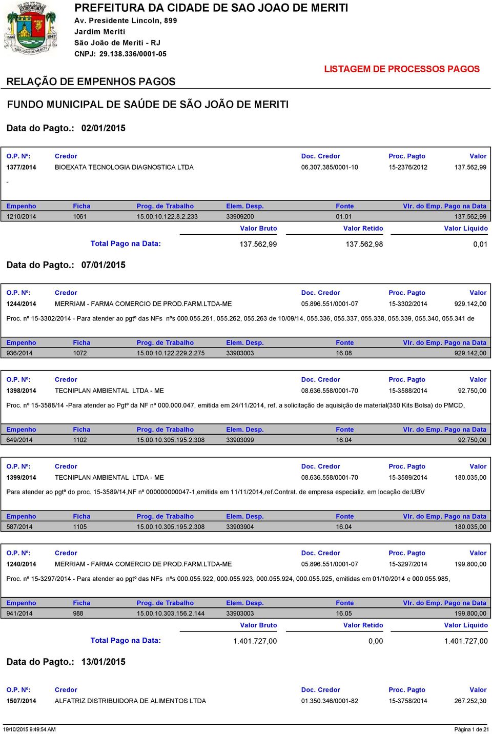 : 07/01/2015 1244/2014 MERRIAM FARMA COMERCIO DE PROD.FARM.LTDAME 05.896.551/000107 153302/2014 929.142,00 Proc. nº 153302/2014 Para atender ao pgtº das NFs nºs 000.055.261, 055.262, 055.