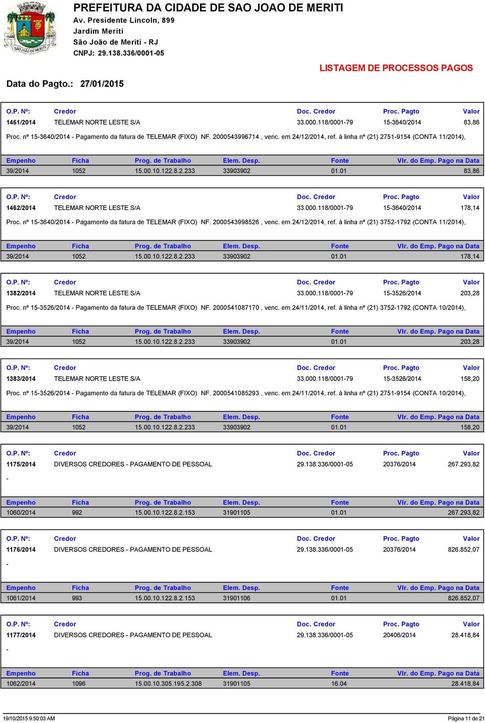 01 83,86 1462/2014 TELEMAR NORTE LESTE S/A 33.000.118/000179 153640/2014 178,14 Proc. nº 153640/2014 Pagamento da fatura de TELEMAR (FIXO) NF. 2000543998526, venc. em 24/12/2014, ref.