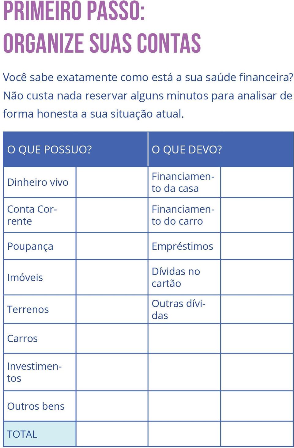 O QUE POSSUO? Dinheiro vivo Poupança Imóveis Terrenos O QUE DEVO?