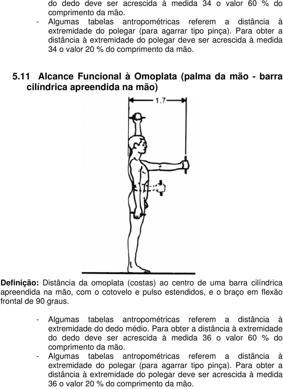 11 Alcance Funcional à Omoplata (palma da mão - barra cilíndrica apreendida na mão) Definição: Distância da omoplata (costas) ao centro de uma barra cilíndrica apreendida na mão, com o cotovelo e