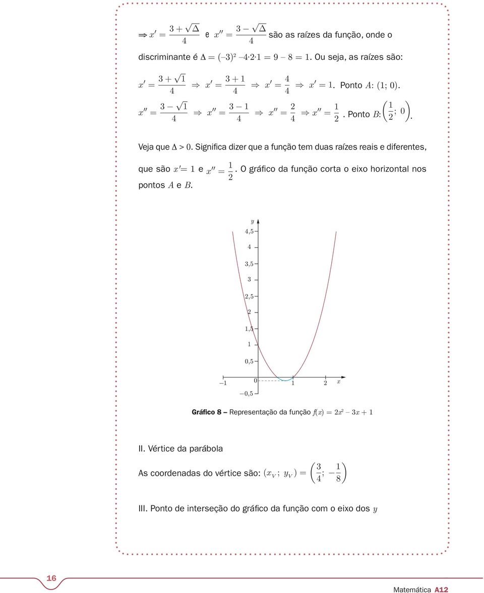 Significa dizer que a função tem duas raízes reais e diferentes, que são '= 1 e = 1. O gráfi co da função corta o eio horizontal nos 2 pontos A e B.