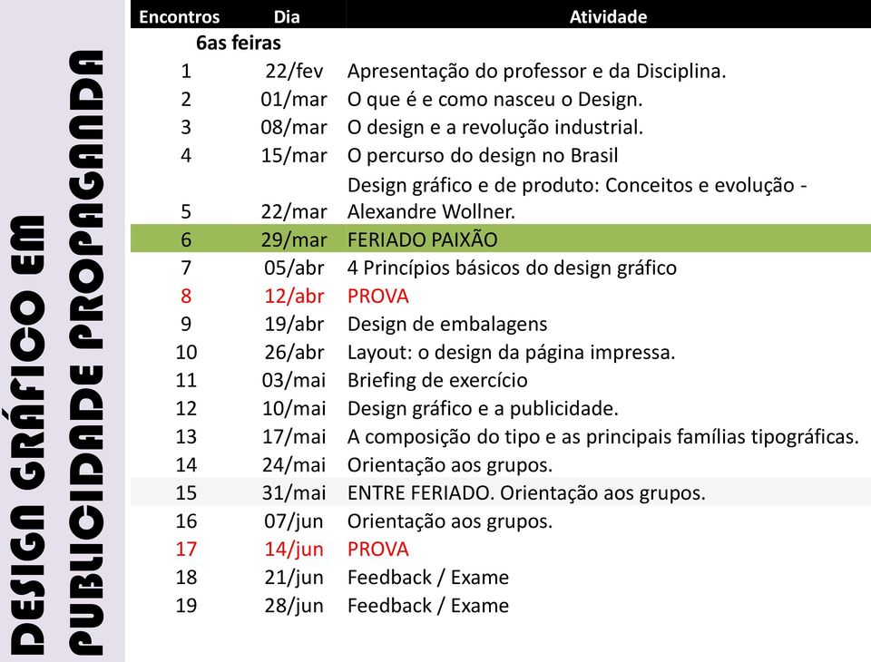 6 29/mar FERIADO PAIXÃO 7 05/abr 4 Princípios básicos do design gráfico 8 12/abr PROVA 9 19/abr Design de embalagens 10 26/abr Layout: o design da página impressa.