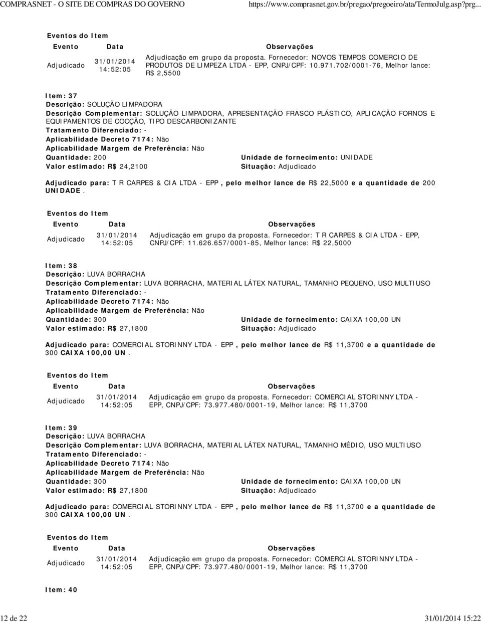 DESCARBONIZANTE Unidade de fornecimento: UNIDADE Valor estimado: R$ 24,2100 Situação: para: T R CARPES & CIA LTDA - EPP, pelo melhor lance de R$ 22,5000 e a quantidade de 200 UNIDADE.