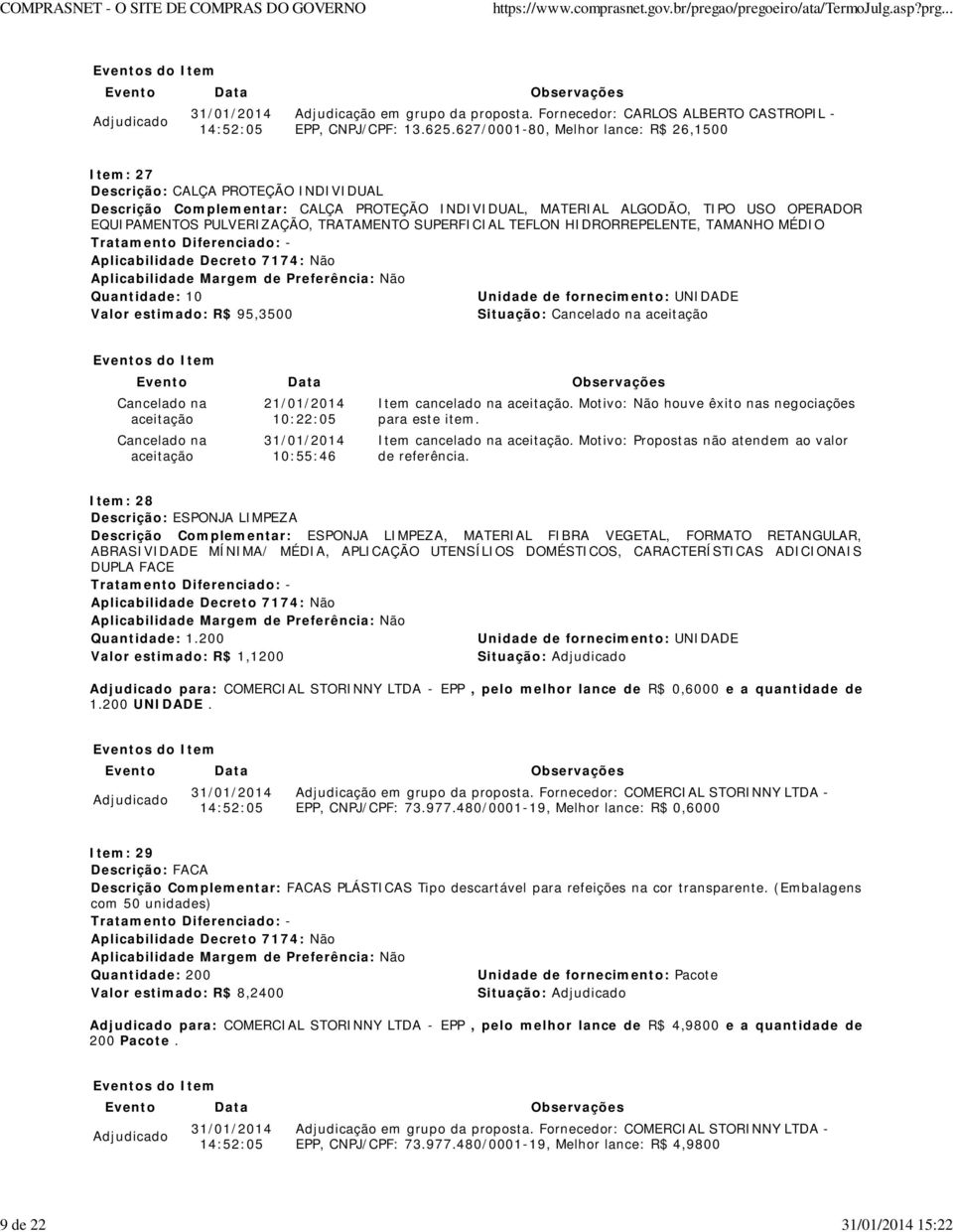 TRATAMENTO SUPERFICIAL TEFLON HIDRORREPELENTE, TAMANHO MÉDIO Quantidade: 10 Unidade de fornecimento: UNIDADE Valor estimado: R$ 95,3500 Situação: 21/01/2014 10:22:05 10:55:46 Item cancelado na.