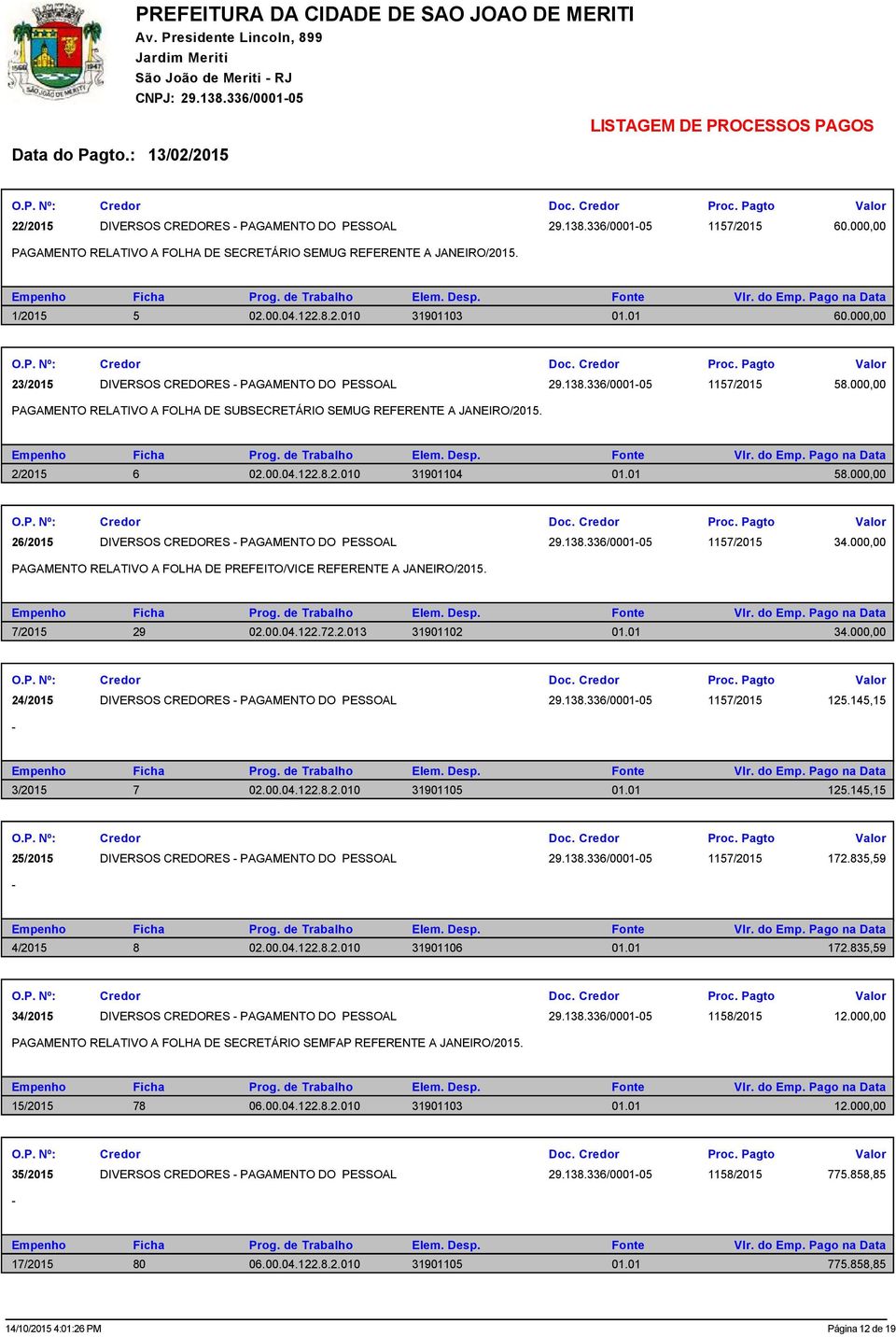 336/000105 1157/2015 58.000,00 PAGAMENTO RELATIVO A FOLHA DE SUBSECRETÁRIO SEMUG REFERENTE A JANEIRO/2015. 2/2015 6 02.00.04.122.8.2.010 31901104 01.01 58.