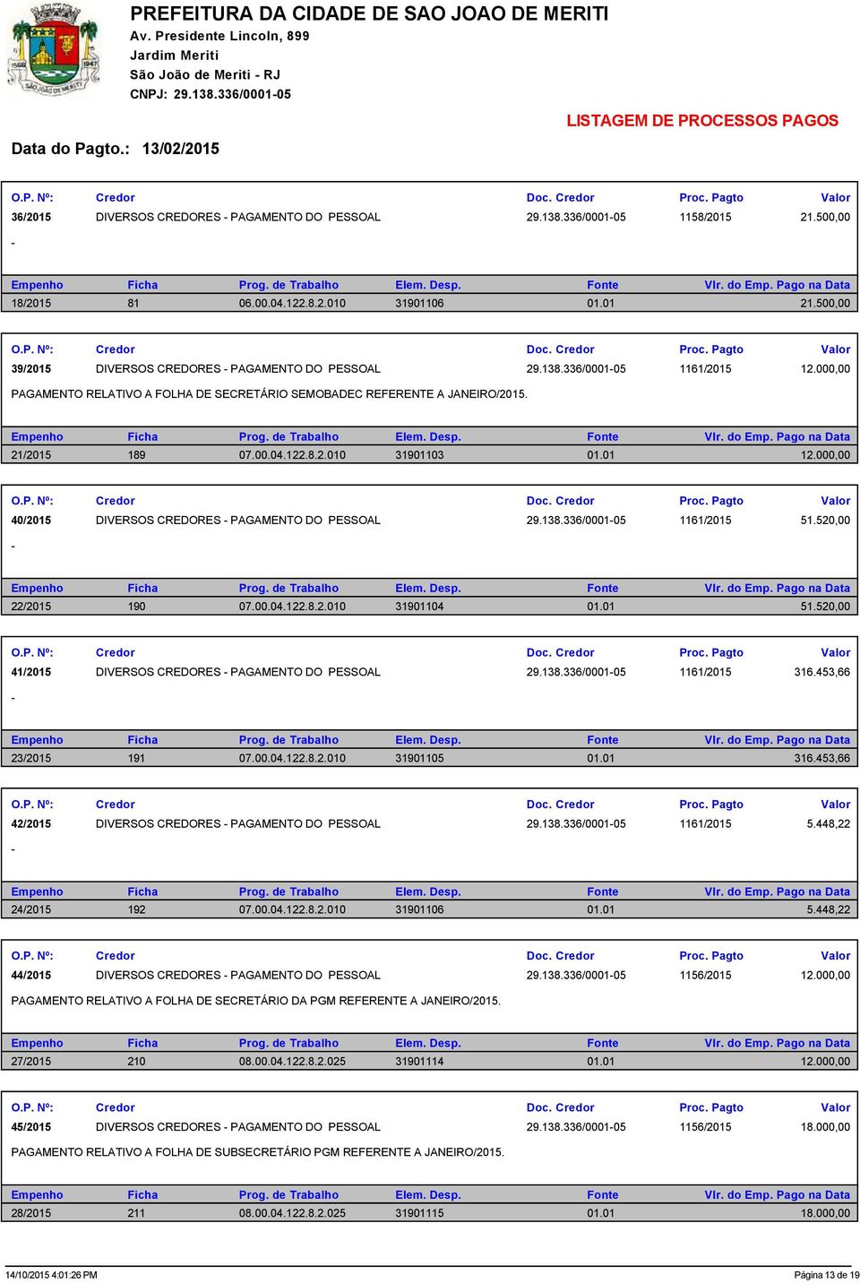 01 12.000,00 40/2015 DIVERSOS CREDORES PAGAMENTO DO PESSOAL 29.138.336/000105 1161/2015 51.520,00 22/2015 190 07.00.04.122.8.2.010 31901104 01.01 51.