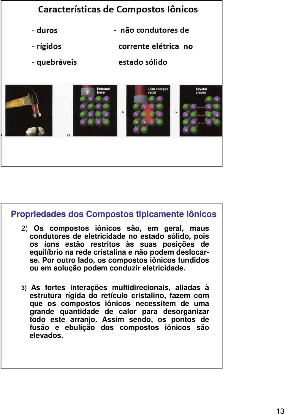 Propriedades dos Compostos tipicamente Iônicos 2) Os compostos iônicos são, em geral, maus condutores de eletricidade no estado sólido, pois os íons estão restritos às suas posições de equilíbrio na