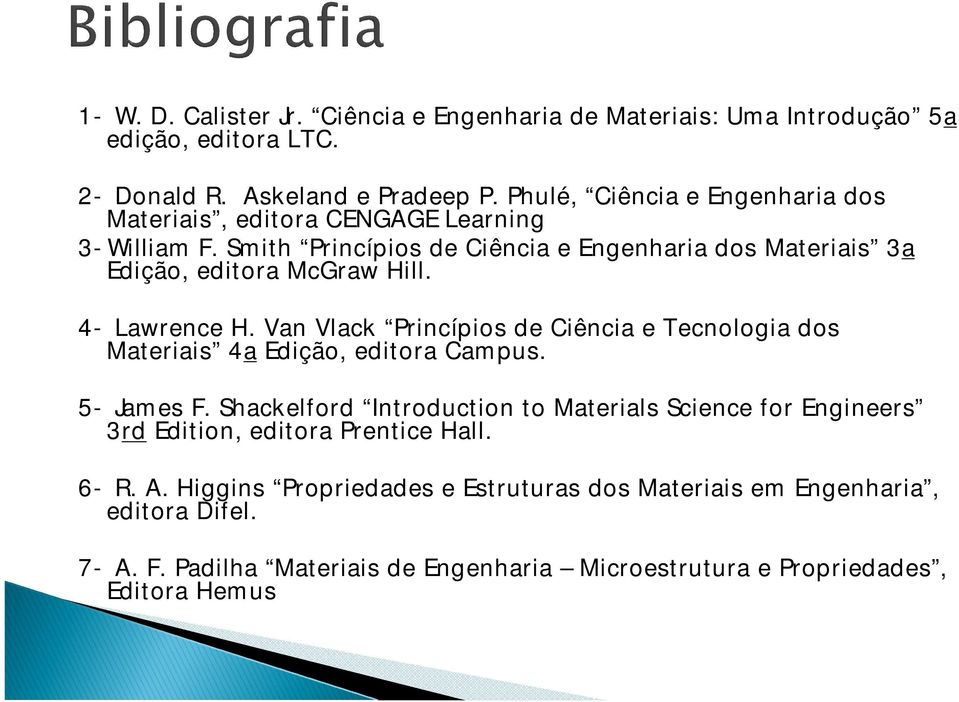 4- Lawrence H. Van Vlack Princípios de Ciência e Tecnologia dos Materiais 4a Edição, editora Campus. 5- James F.