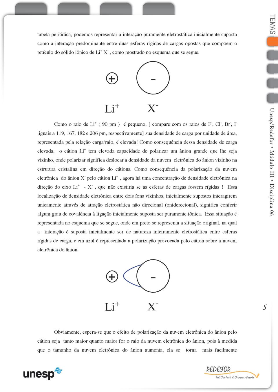 + - Li + X - Como o raio de Li + ( 90 pm ) é pequeno, [ compare com os raios de F -, Cl -, Br -, I -,iguais a 119, 167, 182 e 206 pm, respectivamente] sua densidade de carga por unidade de área,