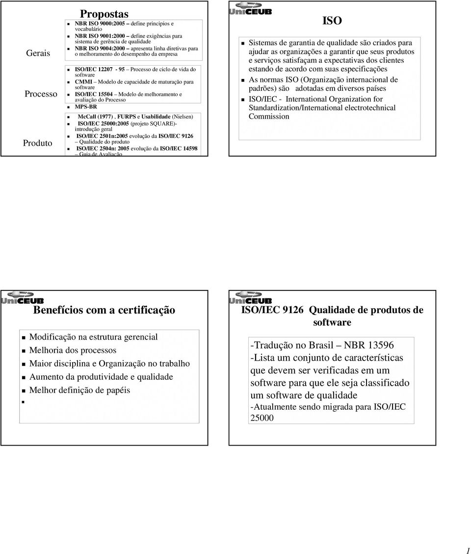 McCall (1977), FURPS e Usabilidade (Nielsen) ISO/IEC 25000:2005 (projeto SQUARE)- introdução geral ISO/IEC 2501n:2005 evolução da ISO/IEC 9126 Qualidade do produto ISO/IEC 2504n: 2005 evolução da