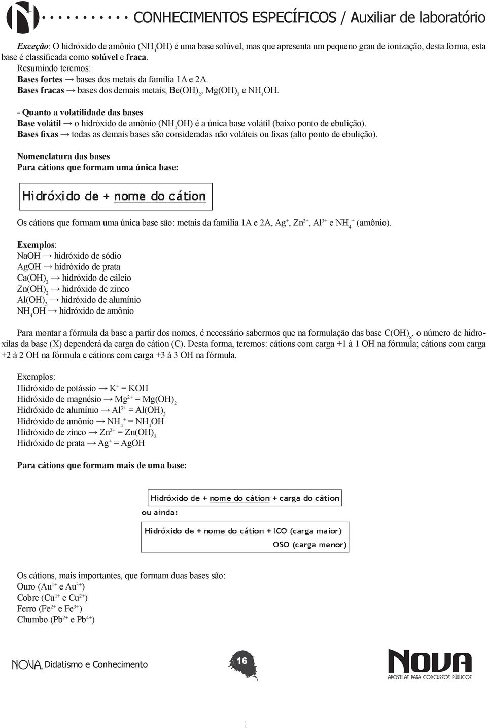 - Quanto a volatilidade das bases Base volátil o hidróxido de amônio (NH 4 OH) é a única base volátil (baixo ponto de ebulição).