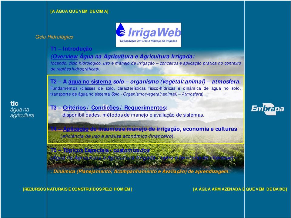 Fundamentos (classes de solo, características físico-hídricas e dinâmica de água no solo, transporte de água no sistema Solo - Organismo(vegetal/animal) Atmosfera).