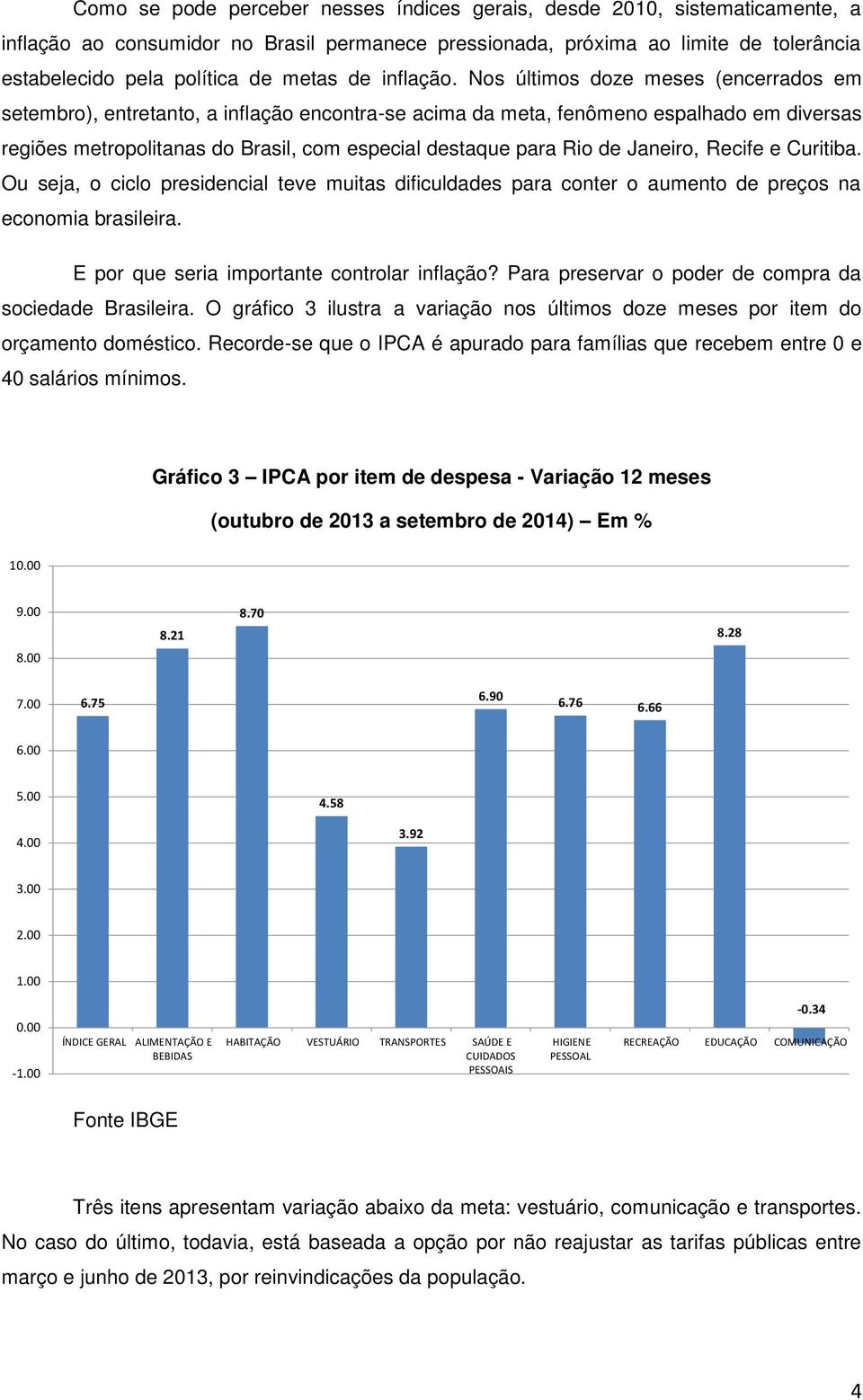 Nos últimos doze meses (encerrados em setembro), entretanto, a inflação encontra-se acima da meta, fenômeno espalhado em diversas regiões metropolitanas do Brasil, com especial destaque para Rio de