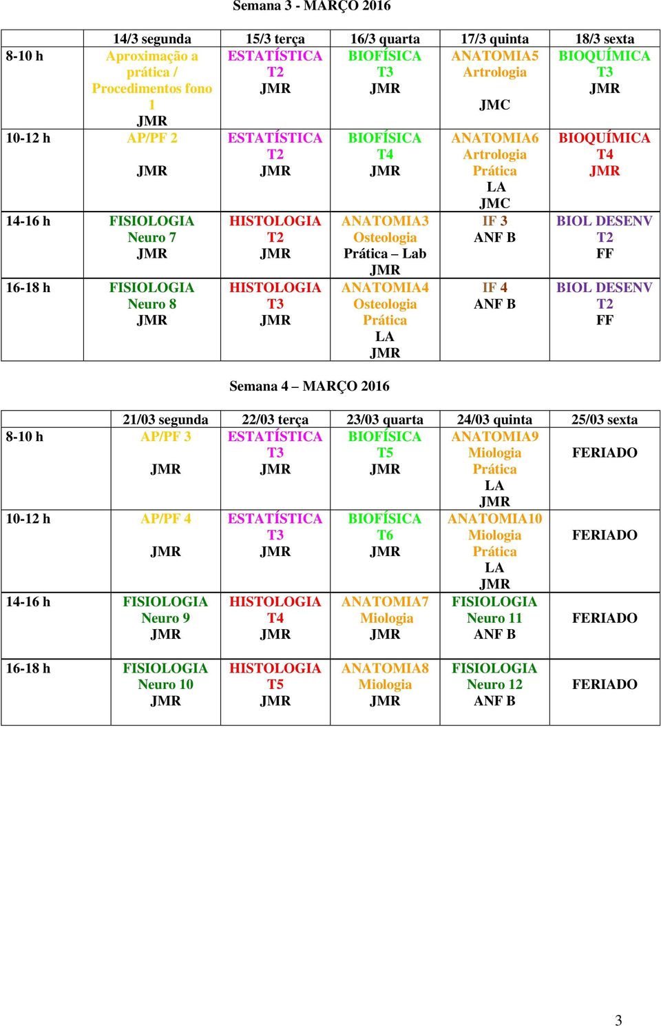 2016 ANATOMIA6 Artrologia Prática IF 3 IF 4 21/03 segunda 22/03 terça 23/03 quarta 24/03 quinta 25/03 sexta 8-10 h AP/PF 3