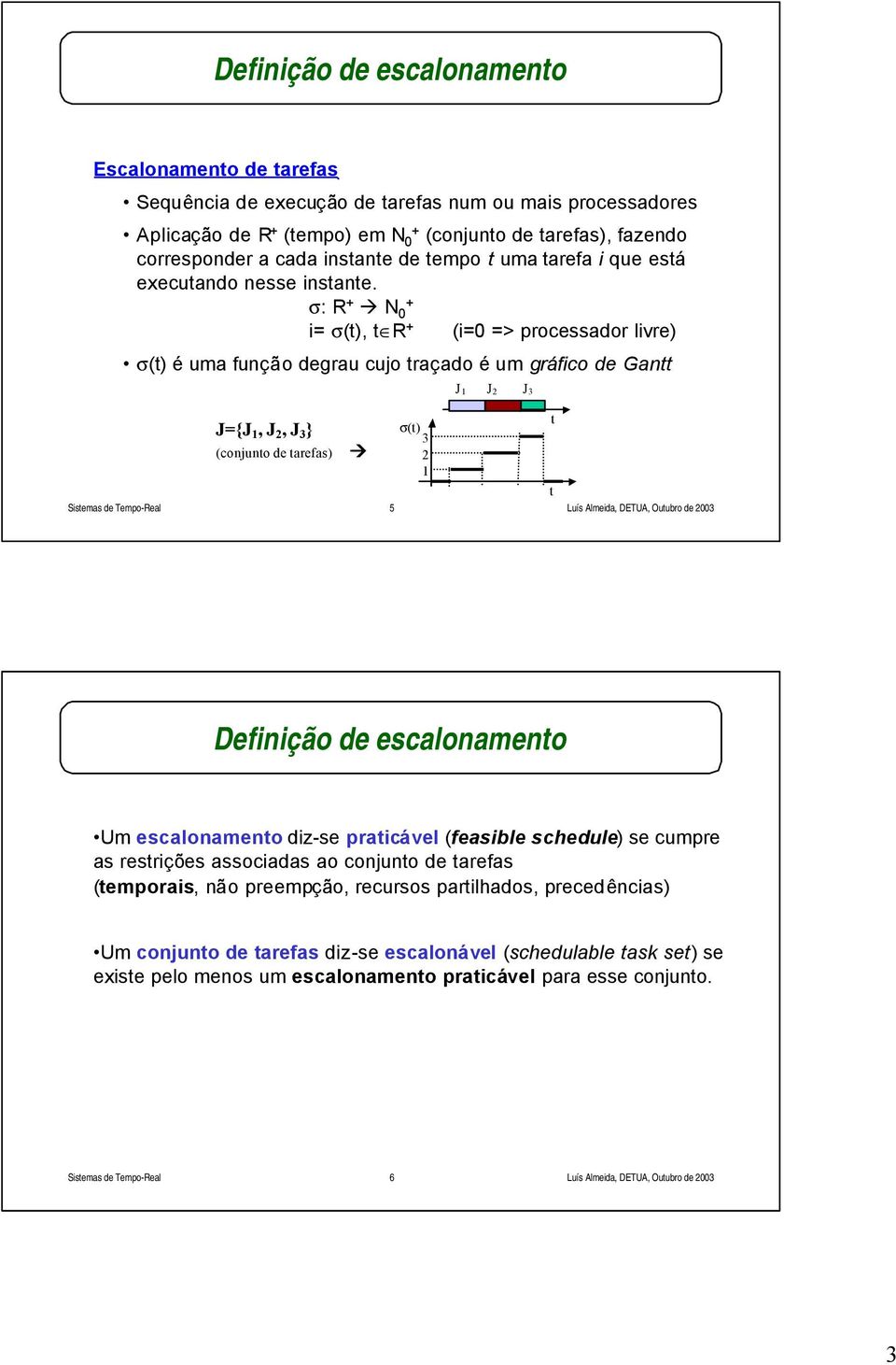 σ: R + N 0 + i= σ(t), t R + (i=0 => processador livre) σ(t) é uma função degrau cujo traçado é um gráfico de Gantt J J J J={J, J, J } (conjunto de tarefas) 5 σ(t) t t Definição de