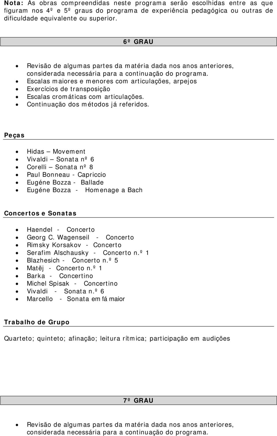 Escalas maiores e menores com articulações, arpejos Exercícios de transposição Escalas cromáticas com articulações. Continuação dos métodos já referidos.