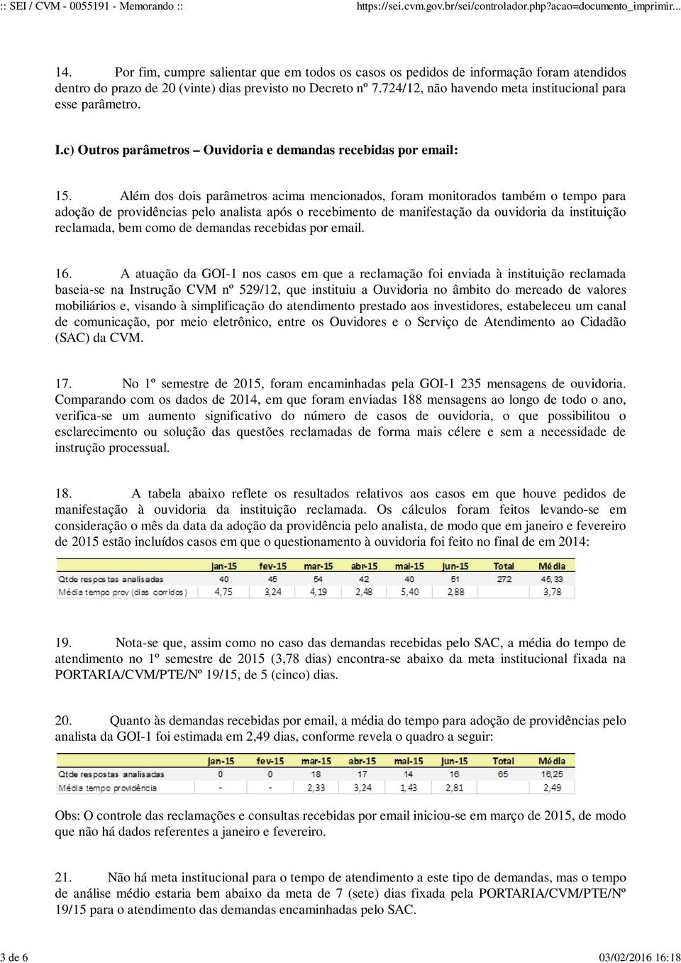 Além dos dois parâmetros acima mencionados, foram monitorados também o tempo para adoção de providências pelo analista após o recebimento de manifestação da ouvidoria da instituição reclamada, bem