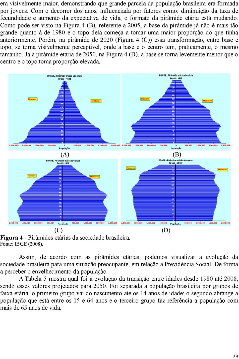 Como pode ser visto na Figura 4 (B), referente a 2005, a base da pirâmide já não é mais tão grande quanto à de 1980 e o topo dela começa a tomar uma maior proporção do que tinha anteriormente.