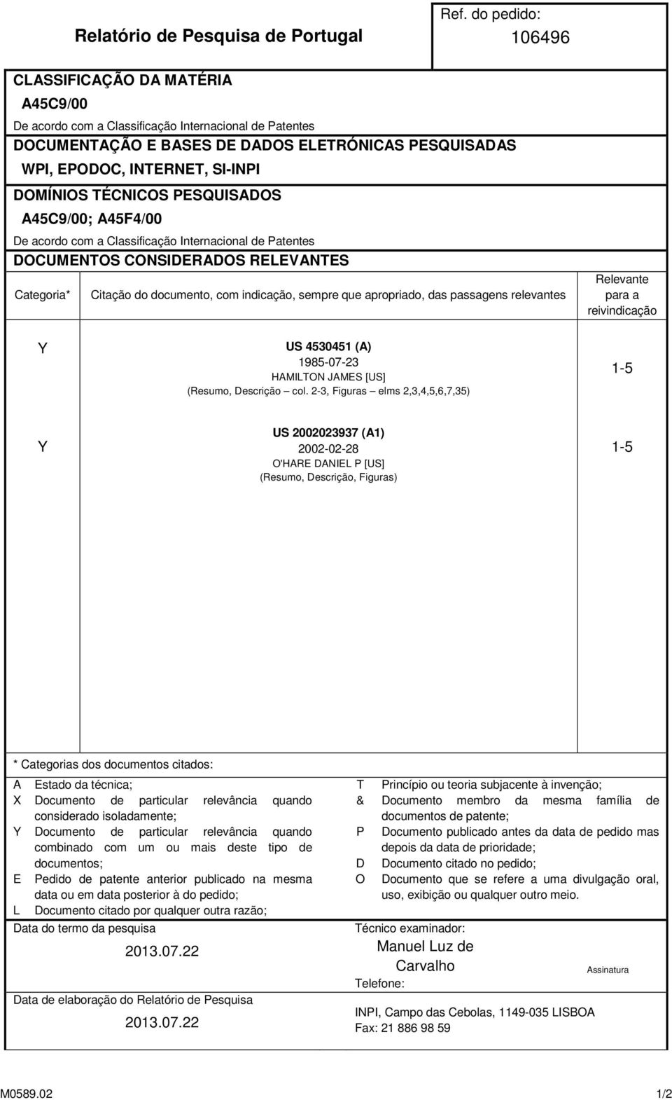 DOMÍNIOS TÉCNICOS PESQUISADOS A45C9/00; A45F4/00 De acordo com a Classificação Internacional de Patentes DOCUMENTOS CONSIDERADOS RELEVANTES Categoria* Citação do documento, com indicação, sempre que