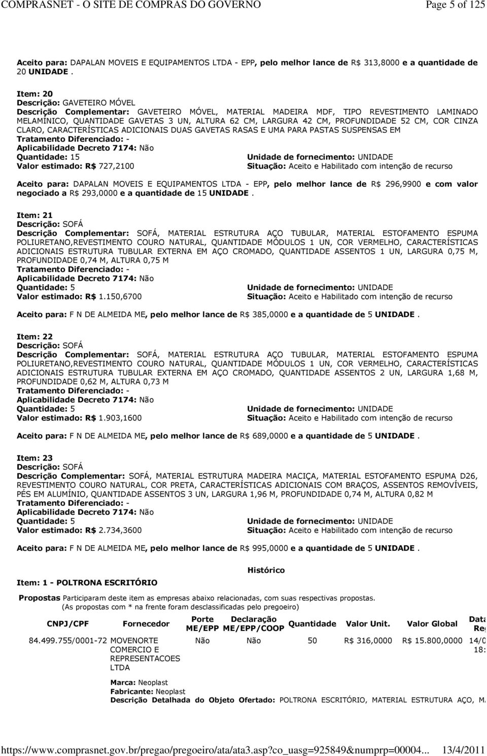 PROFUNDIDADE 52 CM, COR CINZA CLARO, CARACTERÍSTICAS ADICIONAIS DUAS GAVETAS RASAS E UMA PARA PASTAS SUSPENSAS EM Tratamento Diferenciado: - Aplicabilidade Decreto 7174: Não Quantidade: 15 Unidade de