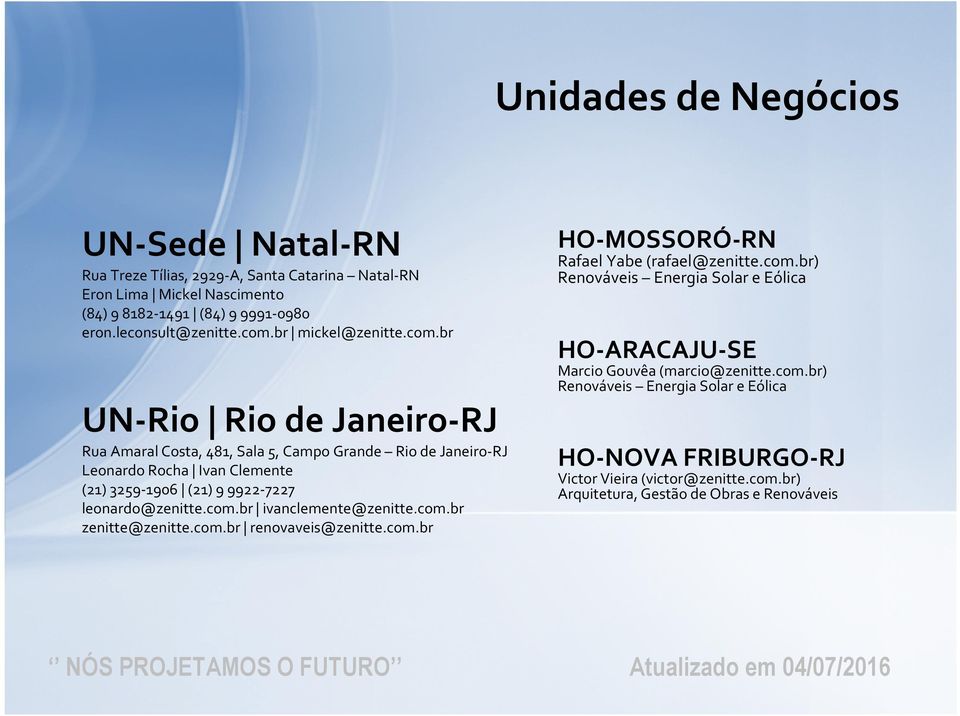 br UN-Rio Rio de Janeiro-RJ Rua Amaral Costa, 481, Sala 5, Campo Grande Rio de Janeiro-RJ Leonardo Rocha Ivan Clemente (21) 3259-1906 (21) 9 9922-7227 leonardo@zenitte.com.