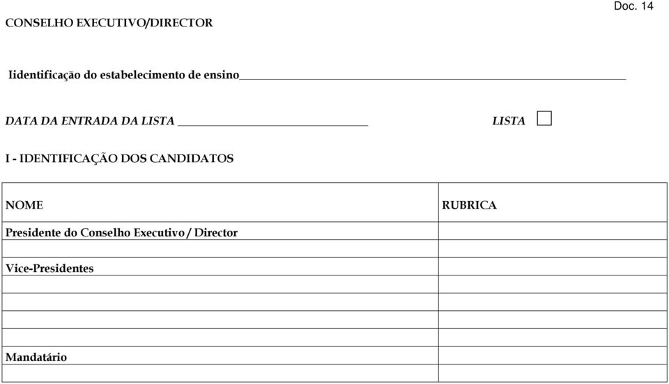 ENTRADA DA LISTA LISTA I - IDENTIFICAÇÃO DOS CANDIDATOS