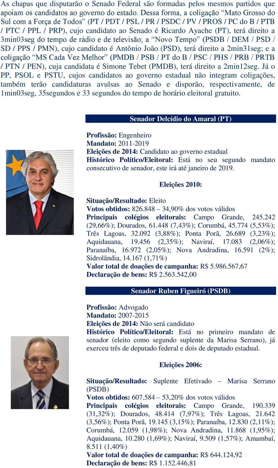 direito a 3min03seg do tempo de rádio e de televisão; a Novo Tempo (PSDB / DEM / PSD / SD / PPS / PMN), cujo candidato é Antônio João (PSD), terá direito a 2min31seg; e a coligação MS Cada Vez Melhor