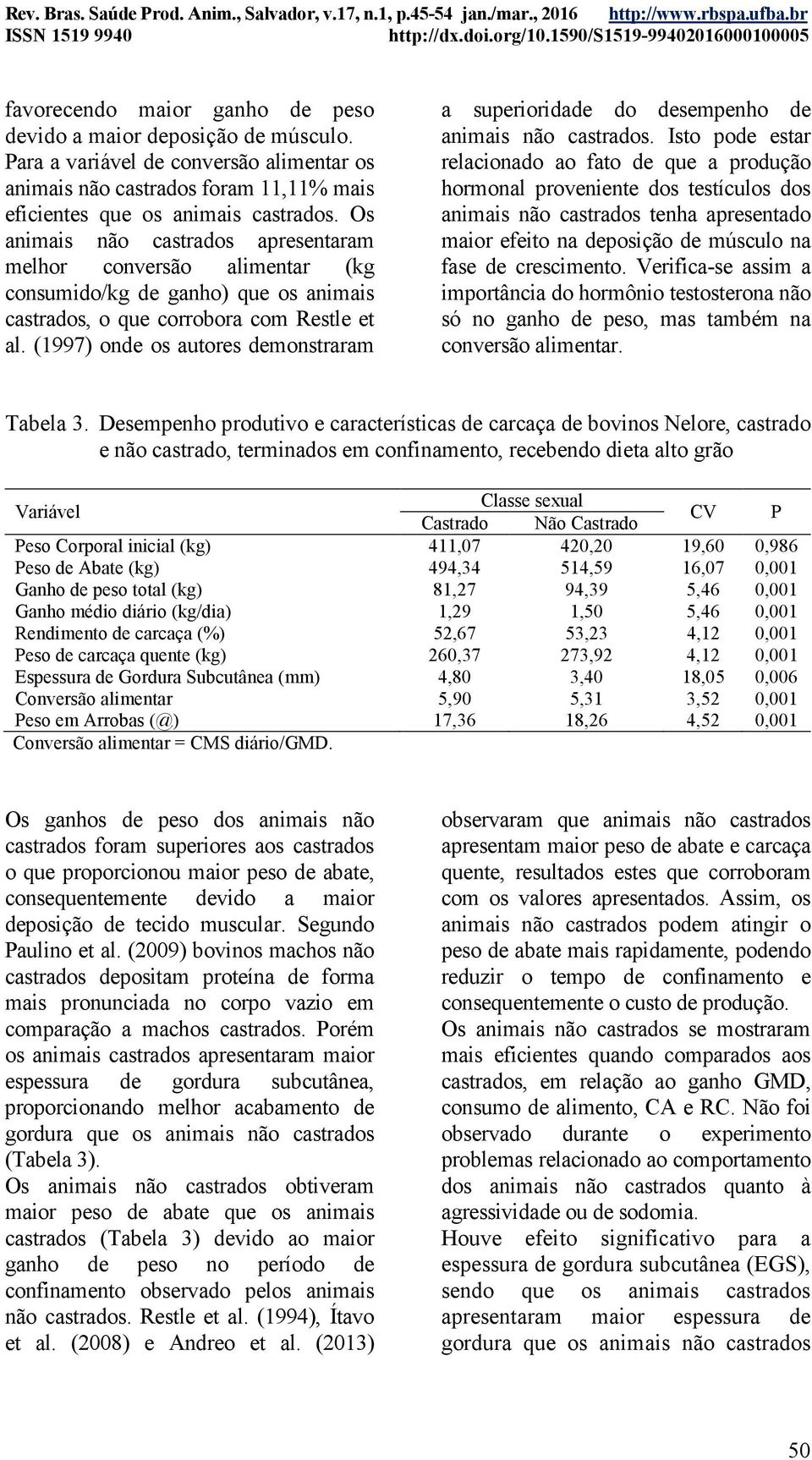 (1997) onde os autores demonstraram a superioridade do desempenho de animais não castrados.