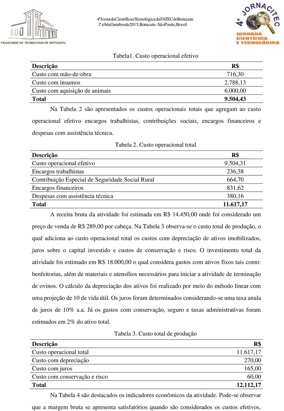 assistência técnica. Tabela 2. Custo operacional total Descrição R$ Custo operacional efetivo 9.