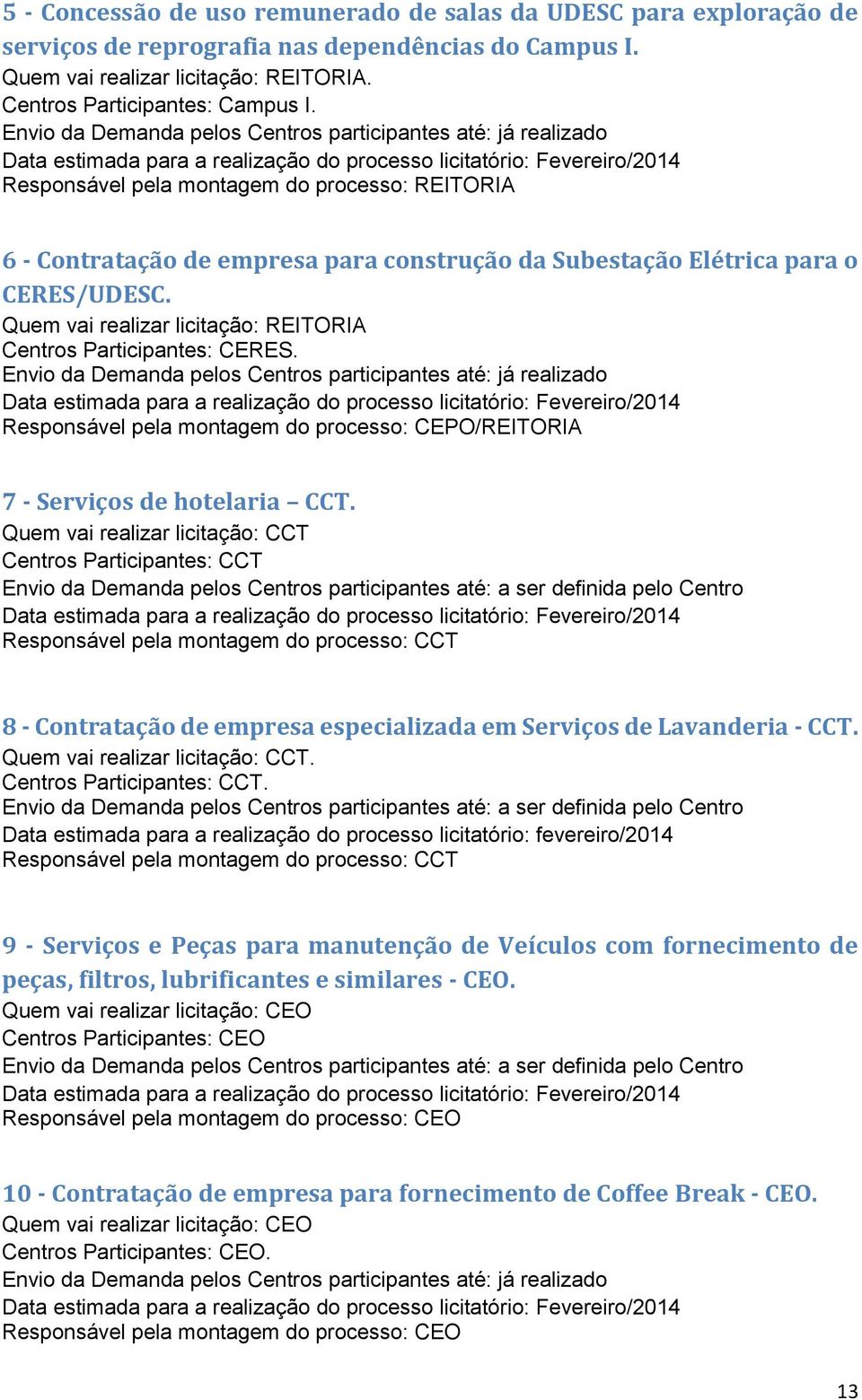 de empresa para construção da Subestação Elétrica para o CERES/UDESC. Centros Participantes: CERES.