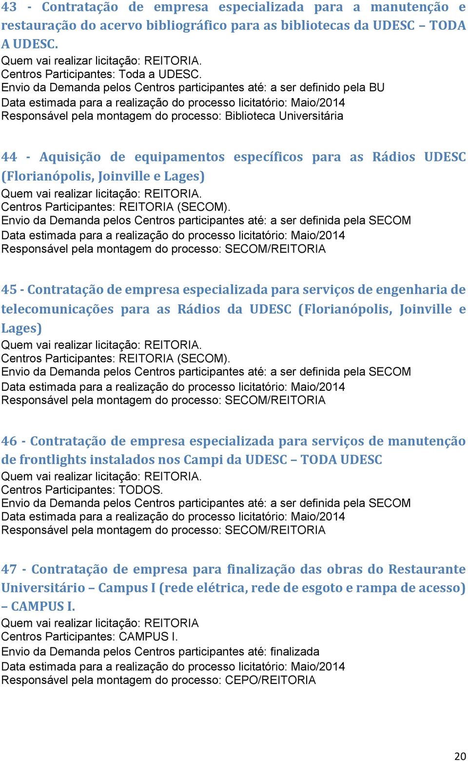 UDESC (Florianópolis, Joinville e Lages). Centros Participantes: REITORIA (SECOM).