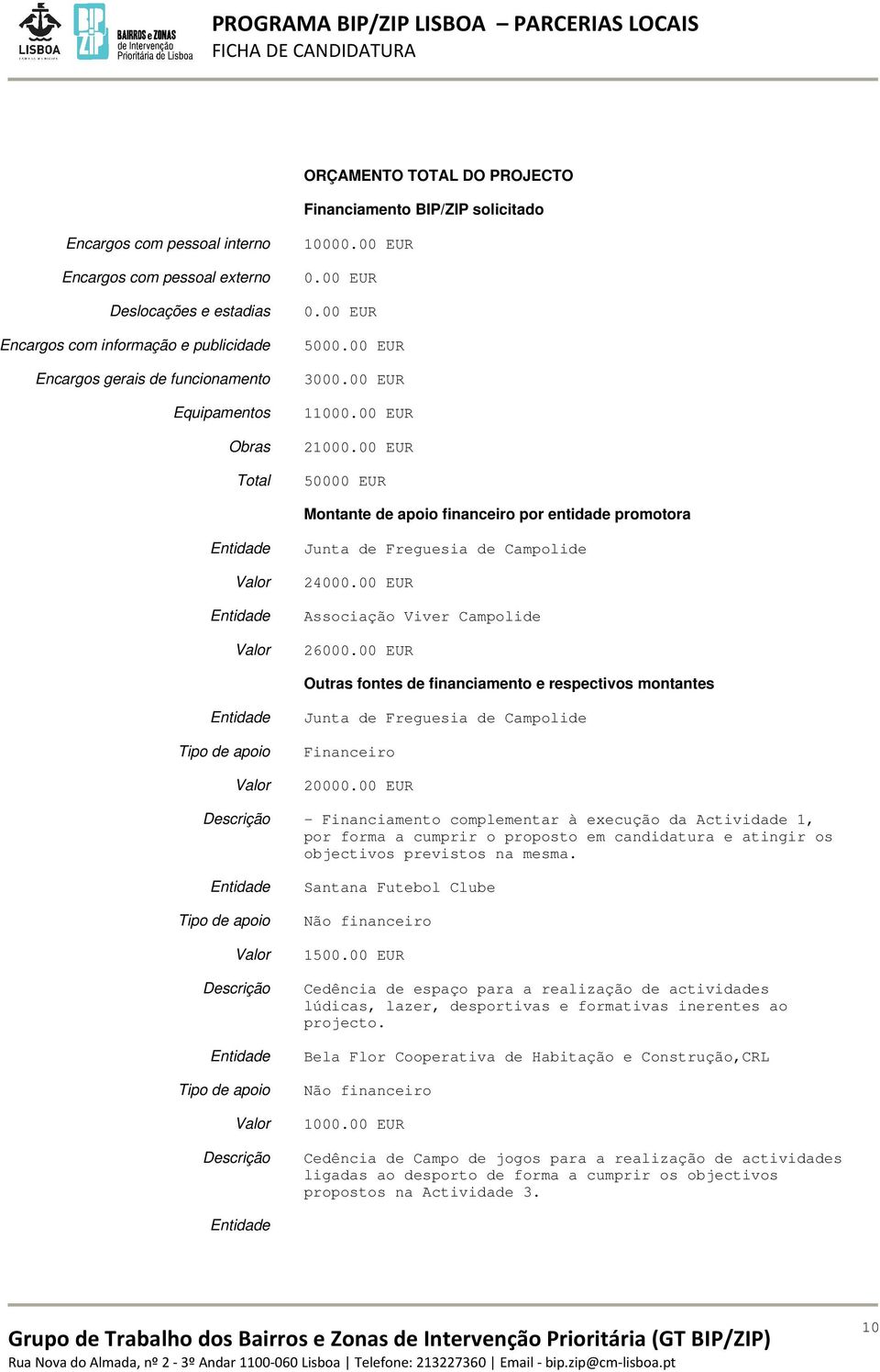 00 EUR 50000 EUR Montante de apoio financeiro por entidade promotora Entidade Entidade Junta de Freguesia de Campolide 24000.00 EUR Associação Viver Campolide 26000.