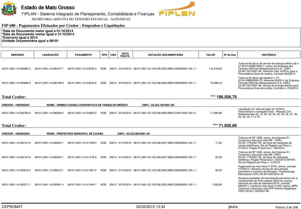 07-20141438819532-7, anexo, da Empresa das Centrais Elétricas Matogrossense S.A., CNPJ: 03.467.321/0001-99, referente mês 10/2014, para a Procuradoria Geral de Justiça, Contrato 064/2013.