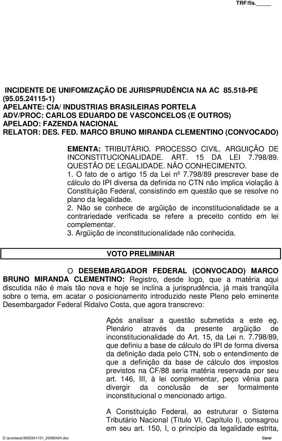 MARCO BRUNO MIRANDA CLEMENTINO (CONVOCADO) EMENTA: TRIBUTÁRIO. PROCESSO CIVIL. ARGUIÇÃO DE INCONSTITUCIONALIDADE. ART. 15 DA LEI 7.798/89. QUESTÃO DE LEGALIDADE. NÃO CONHECIMENTO. 1. O fato de o artigo 15 da Lei nº 7.