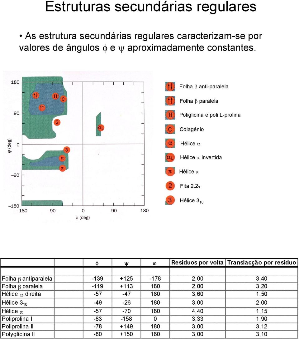 2 7 Hélice 3 10 φ ψ ω Resíduos por volta Translacção por resíduo Folha β antiparalela -139 +125-178 2,00 3,40 Folha β paralela -119 +113 180 2,00 3,20