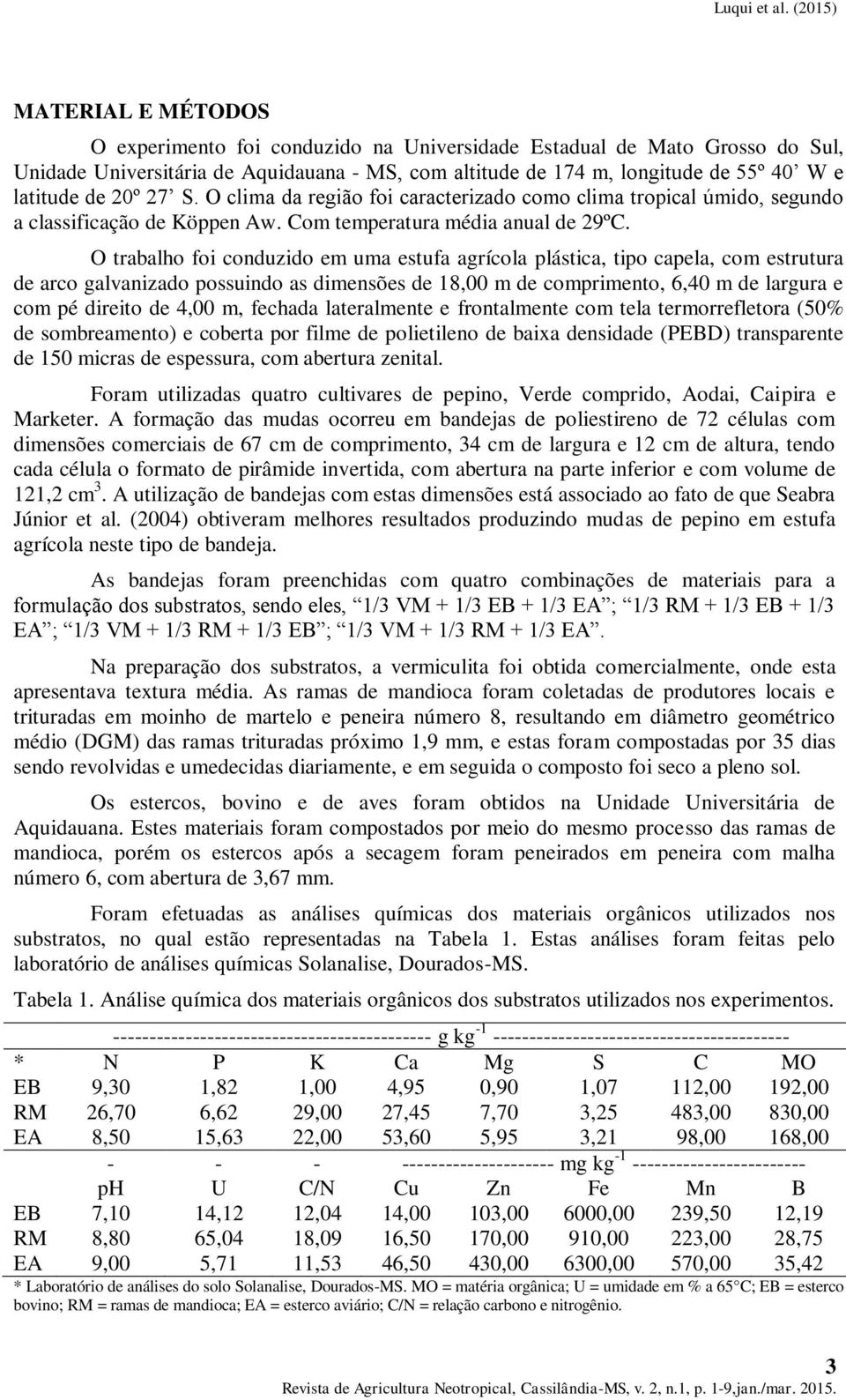 O trabalho foi conduzido em uma estufa agrícola plástica, tipo capela, com estrutura de arco galvanizado possuindo as dimensões de 18,00 m de comprimento, 6,40 m de largura e com pé direito de 4,00