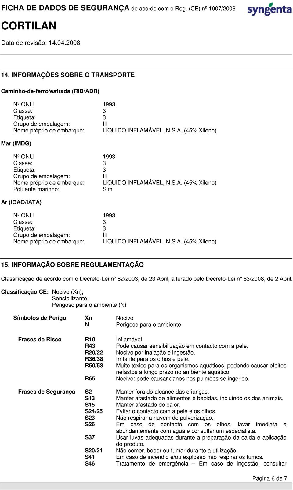 INFORMAÇÃO SOBRE REGULAMENTAÇÃO Classificação de acordo com o Decreto-Lei nº 82/200, de 2 Abril, alterado pelo Decreto-Lei nº 6/2008, de 2 Abril.