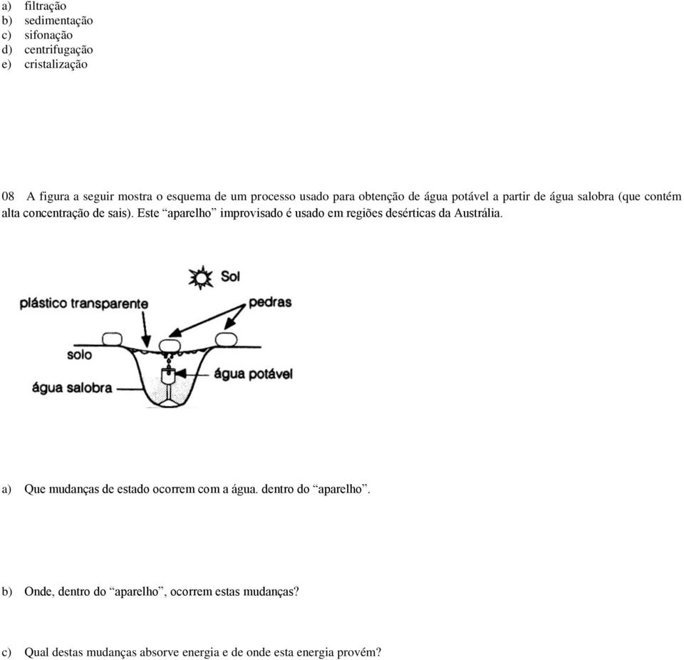 Este aparelho improvisado é usado em regiões desérticas da Austrália. a) Que mudanças de estado ocorrem com a água.